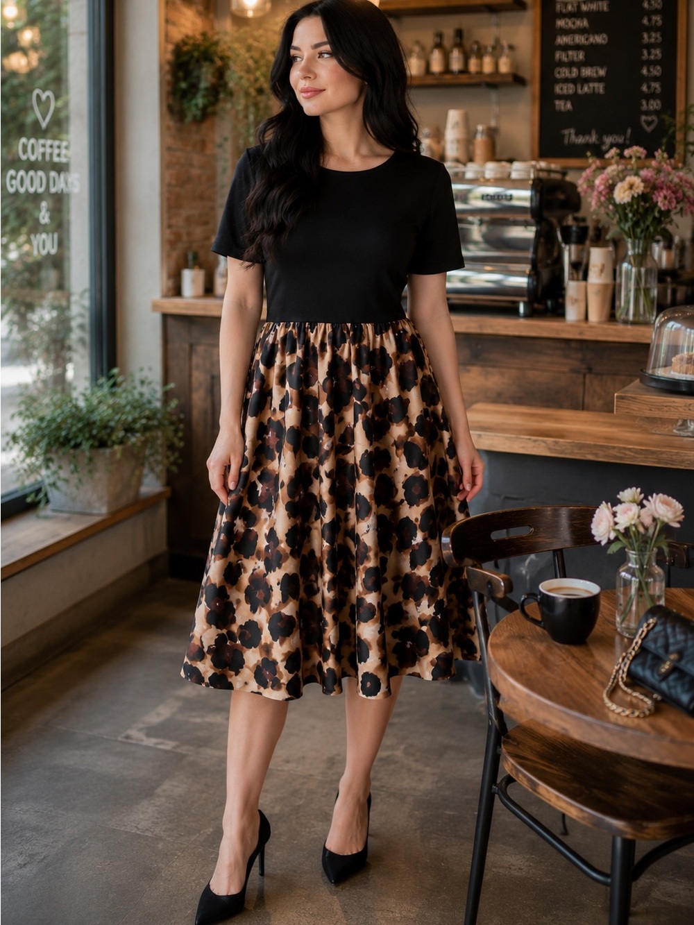 Black Top Leopard Print Skirt Dress